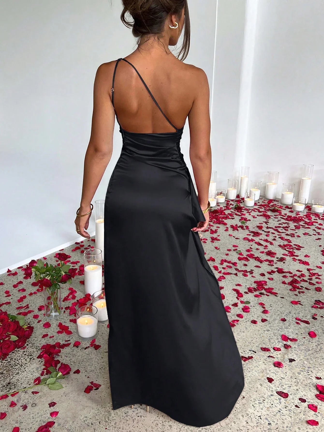 NoirGlam Ruched Thigh-Slit Dress