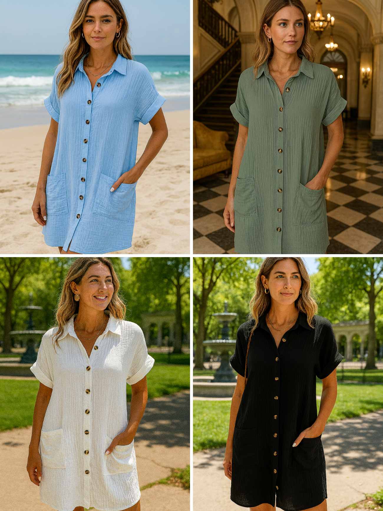 Women's Button Down Linen Shirt Dress With Pockets
